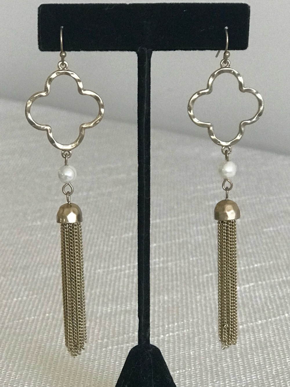 New Boutique Item -Gold Clover Tassel Drop Earrings with Pearl Accent
